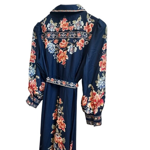 Dalia MacPhee Floral Maxi Dress Belted Button Front Sz Large NEW $250 Navy - Picture 8 of 13